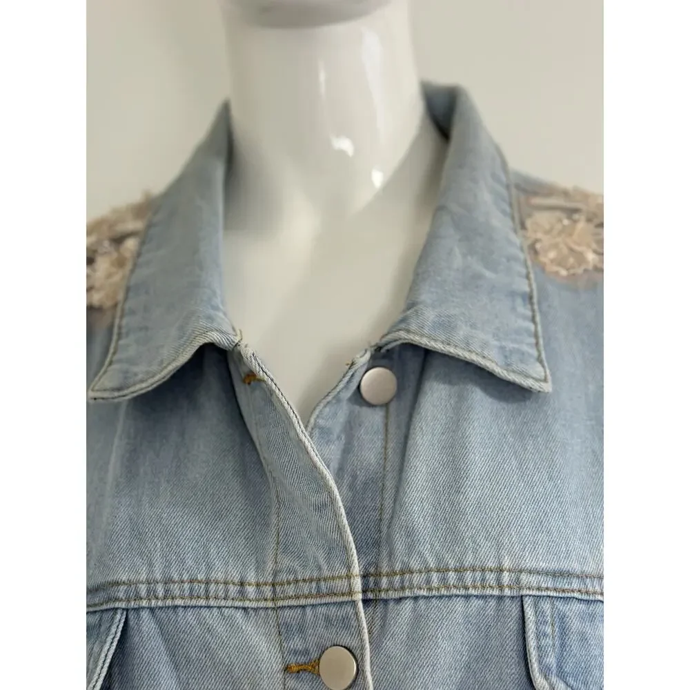 Arula Women’s Denim Jacket Plus Size 3X Light Wash Pearl Sequin Lace Embellished - Picture 8 of 15